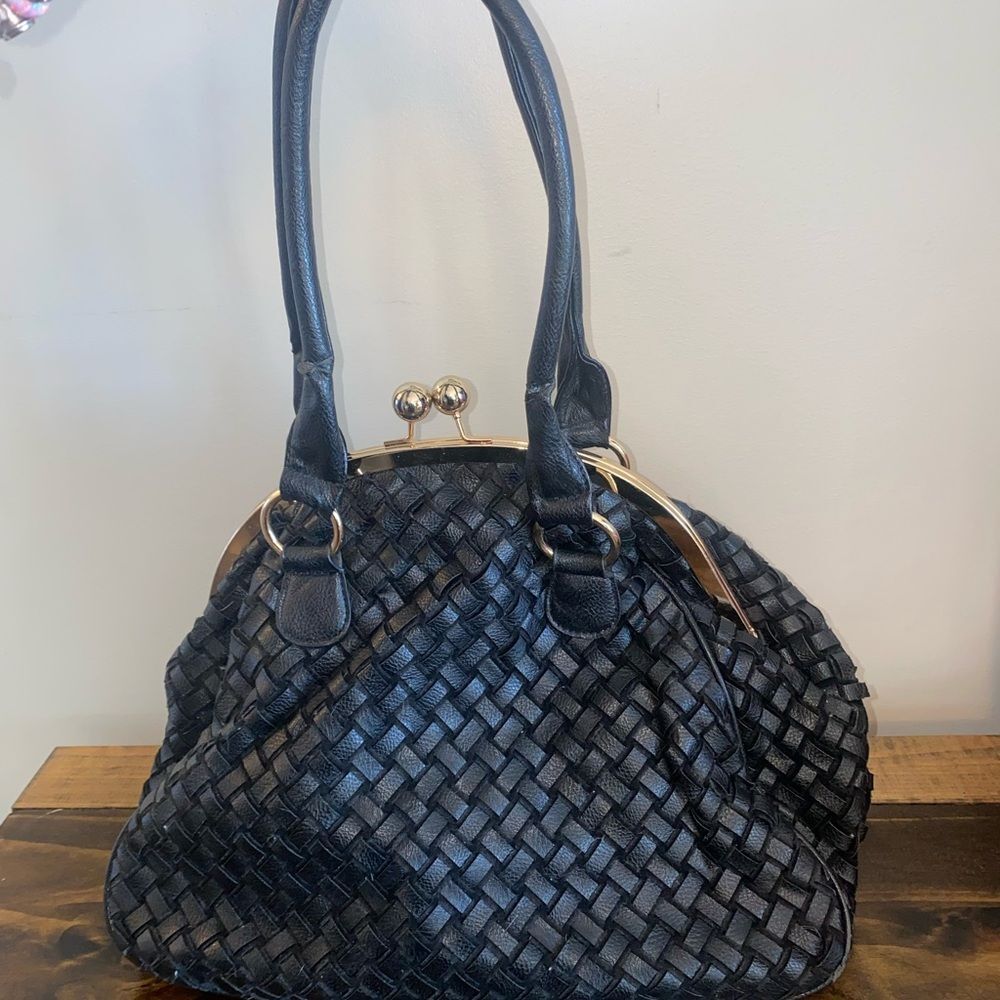Black Woven Leather Fleur De Luv Purse Bag